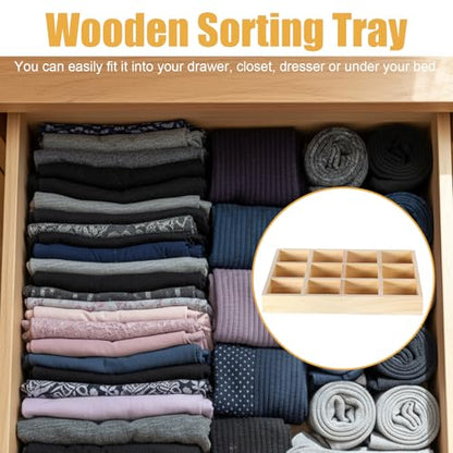 2 Pack Wooden Sorting Tray Grid Display Wood Divided Organizer Rectangular Vanish Finished Section Box for Rings Earrings Necklaces Bracelets (12 Compartments, 12.9 x 9.1 x 1.55 Inch)