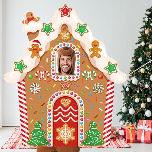 Panelee Christmas Gingerbread House Photo Booth Props Life Size Gingerbread Door Banner Photo Backdrop Decorations Fabric Background for Xmas Winter Holiday Indoor Outdoor Party Decor - style: Nature