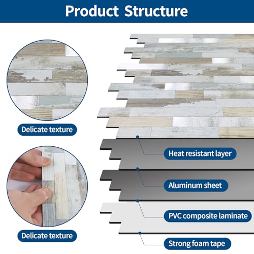 Yipscazo 10 Sheets Peel and Stick Stone Metal Tile Backsplash, Stick on Tiles for Backsplash Kitchen, Bathroom, Laundry Room, Camper, Fireplace (12'' X 12'', White Wood with Metal) - color: White Wood With Metal