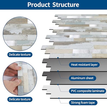 Yipscazo 10 Sheets Peel and Stick Stone Metal Tile Backsplash, Stick on Tiles for Backsplash Kitchen, Bathroom, Laundry Room, Camper, Fireplace (12'' X 12'', White Wood with Metal) - color: White Wood With Metal