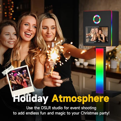 DSLR Photo Booth Built-in Mini PC and Flight Case Mirror Photo Booth with 15.6" Touch Screen RGB Lights App Control for Parties Weddings Event Rentals (Black) - color: Black