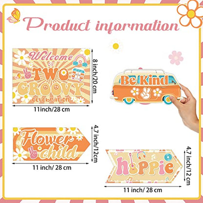 Jecery 20 Pcs Two Groovy Party Decorations Retro Hippie Boho Party Signs 60's Retro Decor Groovy Party Decorations Boho Hippie Welcome Signs Photo Prop for Two Groovy Party Favor Girl Birthday Decor