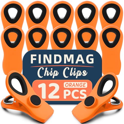 FINDMAG 12 Pack Big Chip Clips, Orange Magnetic Clip for Plants, RV Accessories, Plastic Snack Clips for Bags, Food Sealing Clip with Magnet for Chips, Snacks, Fridge and Food Organization - color: Orange, size: Pack of 12