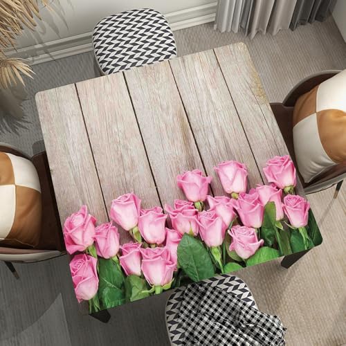 Flower Wood Texture Background Square Fitted Tablecloth Waterproof, with Elastic Edge Design, Outdoor Decorative Table Cover, for Camping, Picnic, Suit for 54"x54" Square Table, Style 10 - color: Wood Texture -1, size: 54" x 54" (Square)