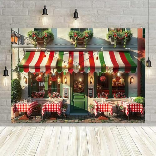 Italian Street Restaurant Backdrop Red White Green Stripes Cafe Green Plants Flowers Background Wall Italian Theme Party Decorations Holiday Travel Pictures Shooting Wallpaper(A, 9X6FT) - color: A, size: 9X6FT