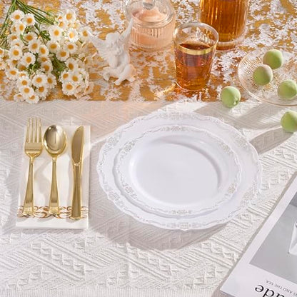Fijinhom 175 PCS White and Gold Disposable Plates, Elegant Dinnerware Set for 25 Guests, 50 Plastic Plates, 75 Silverware, 25 Cups & 25 Paper Napkins, White and Gold - color: White and Gold Pattern, size: 25 Guests-175pcs