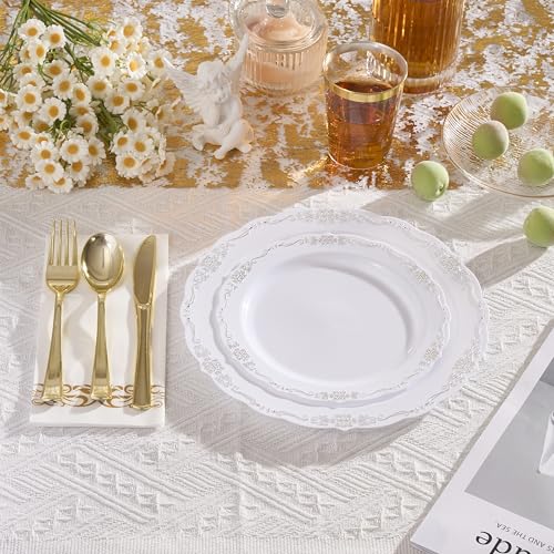 Fijinhom 350 PCS White and Gold Disposable Plates, Elegant Dinnerware Set for 50 Guests, 100 Plastic Plates, 150 Silverware, 50 Cups & 50 Paper Napkins, White and Gold - color: White and Gold Pattern, size: 50 Guests-350pcs