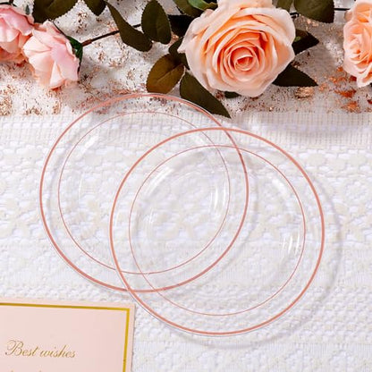 bUCLA 100PCS Clear Rose Gold Plastic Plates Disposable - Heavy Duty 6.25 Inch Clear Plastic Dessert Plates with Rose Gold Trim - Ideal for Party, Wedding & Mother's Day - color: Clear Rose Gold