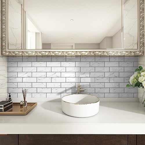 WESTICK Peel and Stick Backsplash Tile 10 Sheets Peel and Stick Subway Backsplash Grey Marble Back Splash Sticky Tiles Oil-Proof Tile Stickers Waterproof Wall Tiles for Kitchen Bathroom DIY 12”x12” - color: 2.Marble white