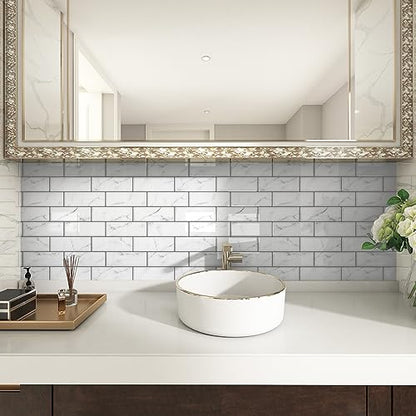 WESTICK Peel and Stick Backsplash Tile 10 Sheets Peel and Stick Subway Backsplash Grey Marble Back Splash Sticky Tiles Oil-Proof Tile Stickers Waterproof Wall Tiles for Kitchen Bathroom DIY 12”x12” - color: 2.Marble white