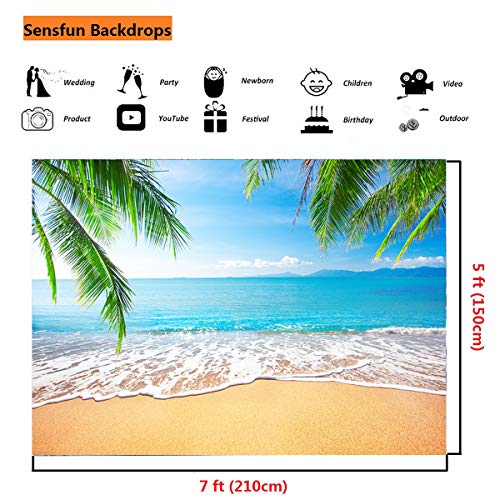 Sensfun 7x5ft Beach Photography Backdrop Tropical Palm Trees Blue Sky Sunshine Sea Beach Summer Vacation Photo Background for Baby Shower Happy Birthday Party Boys Gills Photo Studio Props(WP127) - color: WP127, size: 7x5ft
