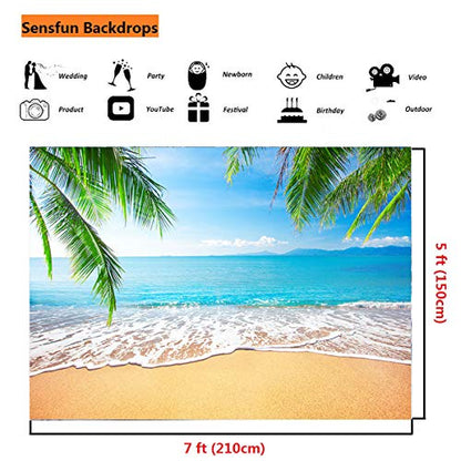 Sensfun 7x5ft Beach Photography Backdrop Tropical Palm Trees Blue Sky Sunshine Sea Beach Summer Vacation Photo Background for Baby Shower Happy Birthday Party Boys Gills Photo Studio Props(WP127) - color: WP127, size: 7x5ft