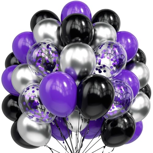 70pcs 12 inch Purple Black Metallic Silver Latex Balloons with Purple Confetti for Halloween Birthday Anniversary Wednesday Graduation Party Decorations - color: Purple and Black