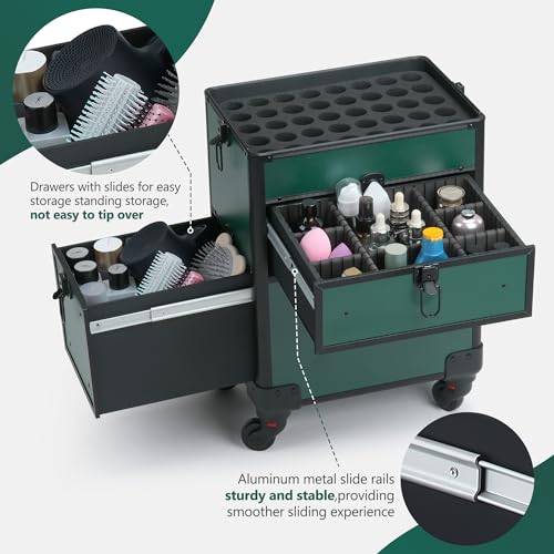 Somduy Rolling Makeup Case with Drawer, Makeup Train Case, 4 in 1Cosmetology Case on Wheels, Christmas Gift, Large Makeup Case Organizers, Profesional Cosmetic Case for Salon Barber, Green - color: Green