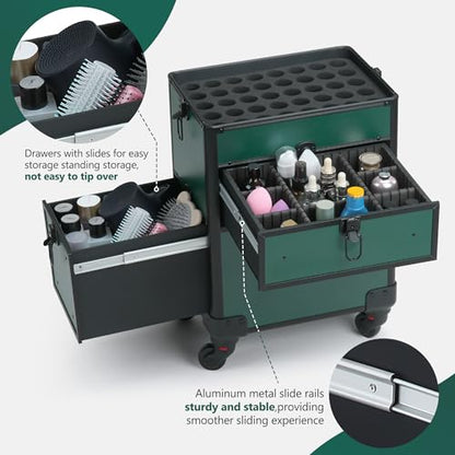 Somduy Rolling Makeup Case with Drawer, Makeup Train Case, 4 in 1Cosmetology Case on Wheels, Christmas Gift, Large Makeup Case Organizers, Profesional Cosmetic Case for Salon Barber, Green - color: Green