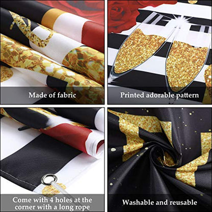Sumind Happy Birthday Backdrop Red Glitter Roses Party Decor Black White Stripes Banner Gold High Heels Champagne Glass Photography Background for Women Birthday Party Supplies, 72.8 x 43.3 Inch
