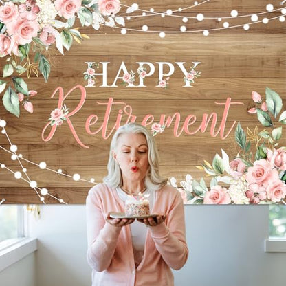 Mocsicka Rustic Retirement Backdrop Women Happy Retirement Party Decorations Pink Floral Retired Party Photo Booth Props (7x5ft) - size: 7x5ft