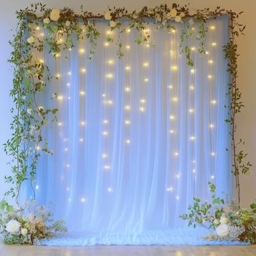 Baby Blue Tulle Backdrop Curtain with Lights - 10x8ft Sheer Backdrop with 250 LEDs for Wedding, Baby Shower, Bridal Shower, Birthday Party Photo Shoot Background and Home Decorations - color: Baby Blue, size: 10 x 8 Feet