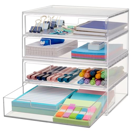 STORi Chloe Space-Saving Clear Drawer Organizer (4 Wide Drawers) Sort Office, Kitchen, Beauty Supplies, Makeup, Pens, Jewelry, Stationary, Made in USA - style: 7.5"W x 1.5"H Drawers (Set of 4)
