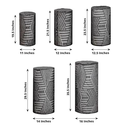 Efavormart Set of 5 Black Sequin Mesh Cylinder Display Box Stand Covers with Geometric Pattern Embroidery, Sparkly Sheer Tulle Pedestal Pillar Prop Covers - color: Black, size: Cylinder sequin geometric cover