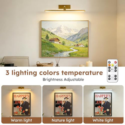 Picture Light for Wall Painting Lighting,Remote Control Art Display Light,3 Lighting Colors Brightness Dimmable Timer Auto-Off,High Lighting Your Gallery Poster Portrait Frame Dartboard - color: Gold