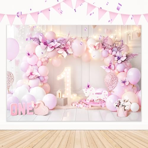 Girl 1st Birthday Backdrop 7Wx5H Feet Purple Pink Princess Balloons Lights Butterfly First Bday Photography Background Birthday Party Decorations Photo Booth Studio Prop Fabric - color: Pink Purple Birthday, size: 7Wx5H