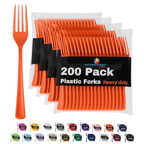 Party Solids Orange Plastic Forks 200 Pieces Orange Forks Disposable Utensils Heavy Duty Plastic Cutlery Set Disposable Cutlery Sets Flatware Sets Silverware Set Party Supplies & Party Tableware - color: Orange