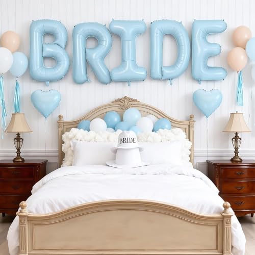 40inch Baby Blue BRIDE Letter Balloons, Giant Pastel Blue Bride Foil Helium Balloon Banner with Heart Balloon for Bride to Be Wedding Engagement Bridal Shower Blue Bachelorette Party Decoration - color: Blue