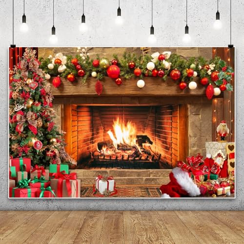 Renaiss 6x4ft Christmas Fireplace Backdrop Xmas Tree Gift Box Wooden Photography Background for Holiday Winter New Year Merry Xmas Eve Family Party Decor Banner Photo Studio Props - color: christmas-f, size: 6x4ft