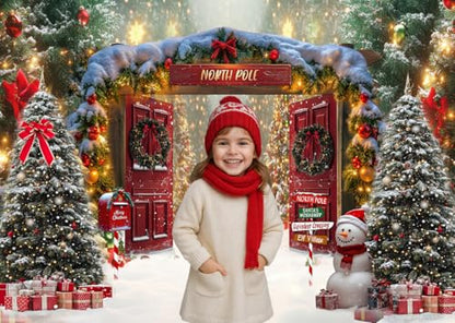 8x6ft Fabric Christmas Backdrop Winter Forest Wooden Barn Door North Pole Snowy Xmas Tree Photography Background Family Holiday Party Decor Photo Props 346 - size: 8x6ft