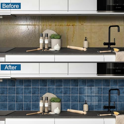 Peel and Stick Tiles for Kitchen Backsplash, New Upgrade Design 9" x9"SPC Square Marble Tiles, Marble Blue Premium Mosaic Tiles,(5-Sheet) - color: Blue, size: 5-sheet