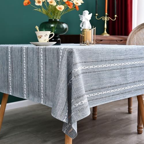 NEWISHER Rustic Farmhouse Embroidered Square Tablecloth Jacquard Striped Table Cloth Linen Texture Washable Dining Table Cover Kitchen Dining Home Decoration Blue and Grey 52x52 inch - color: Blue and Grey, size: 52" x 52" (Square)
