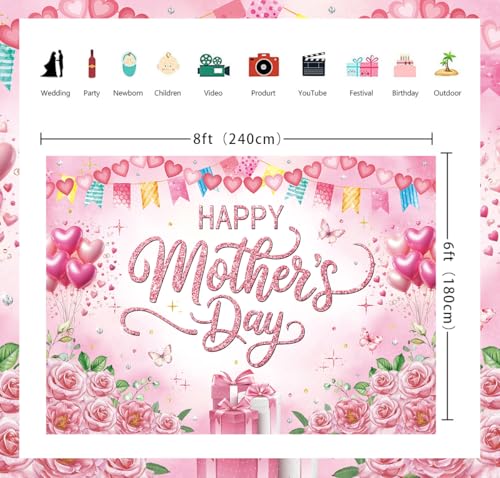 Happy Mother's Day Backdrop 8x6ft Pink Rose Floral Polyester Photography Background for Party Photo Booth Studio Banner Photoshoot Decoration - size: 8x6FT