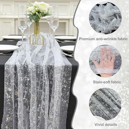 AerWo 4 Pcs Silver Table Runner 10FT, Boho Foil Glitter Sheer Sequin Table Runners 120 Inches Long, Wedding Centerpiece Table Decorations for Party Supplies Birthday Christmas Runners Decorations - size: 4 Pieces, style: Silver