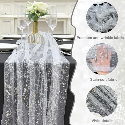 AerWo 2 Pcs Silver Table Runner 10FT, Boho Foil Glitter Sheer Sequin Table Runners 120 Inches Long, Wedding Centerpiece Table Decorations for Party Supplies Bridal Baby Shower Birthday Decorations - size: 2 Pieces, style: Silver