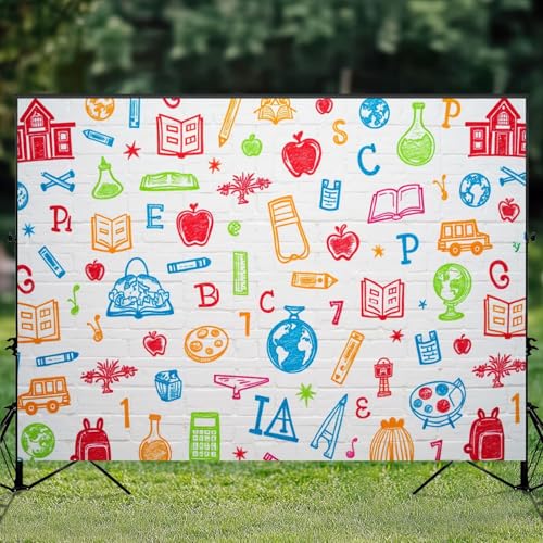 5x7ft Photography Backdrop Hand Painted Pencils Books White Brick Wall First Day School Online Photo Backdrop Photography Background for Photoshoot Portrait Video Party Photo Studio Prop Booth - color: Color1