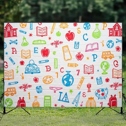 5x7ft Photography Backdrop Hand Painted Pencils Books White Brick Wall First Day School Online Photo Backdrop Photography Background for Photoshoot Portrait Video Party Photo Studio Prop Booth - color: Color1