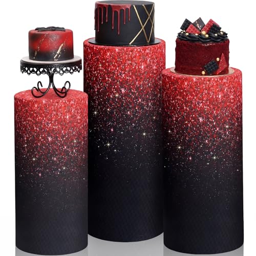 Mindsoft Set of 3 Red Black Spandex Cylinder Stand Covers for Party, Flexible Cylinder Pedestal Covers, Dessert Tables Display for Birthday Party Wedding Baby Shower Backdrop Decor - color: Gradient Red, style: Glitter