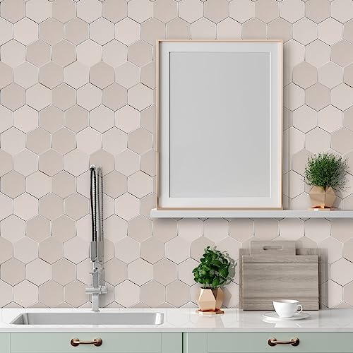 Thickened Hexagon Peel and Stick Tile Backsplash, New Upgrade Glossy and Matte Beige Waterproof Stick on Backsplash, Self-Adhesive Marble Tiles for Kitchen,Bathroom and Bedroom，10-Sheet. - color: Matte and Glossy Beige