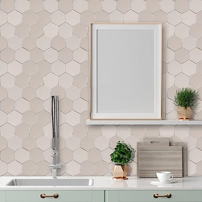 Thickened Hexagon Peel and Stick Tile Backsplash, New Upgrade Glossy and Matte Beige Waterproof Stick on Backsplash, Self-Adhesive Marble Tiles for Kitchen,Bathroom and Bedroom，10-Sheet. - color: Matte and Glossy Beige