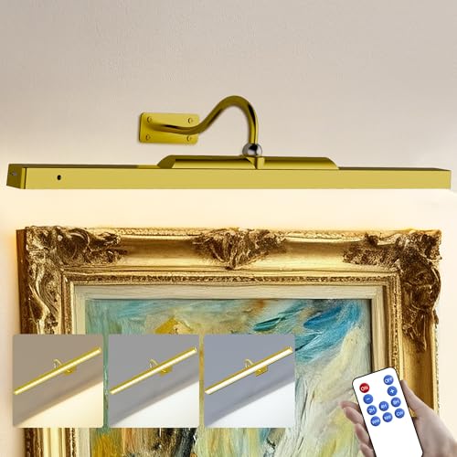 24 Inch Battery Powered Picture Light 6000mAh - Gold Wireless Wall Sconce with Remote & Timer for Photos, Paintings, Art & Home Gallery - color: Gold, size: 24IN-1pack