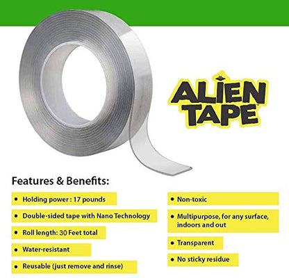 ALIEN TAPE Double Sided Tape Heavy Duty, Nano Tape, Double Sided Mounting Tape, Heavy Duty Double Sided Tape for Walls, Wall Tape, Clear Adhesive Tape for Poster Photo Wall Décor As Seen on TV 30 Feet - size: (3 Rolls - 30 Feet)