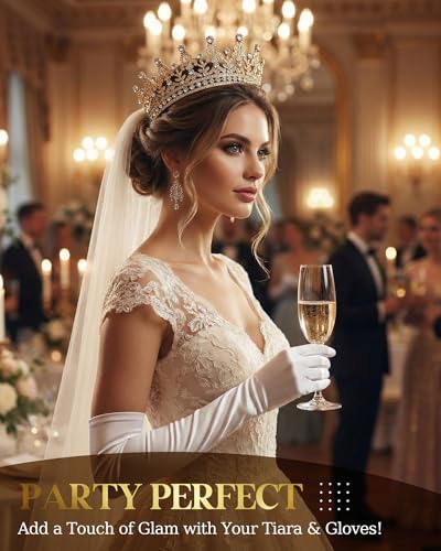Princess Tiara Crown with Satin Gloves Set Crystal Headpiece for Graduation Prom and Party Photo Props - color: Gold, style: C