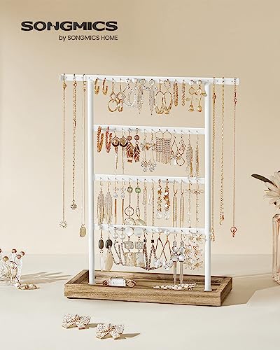 SONGMICS Jewelry Organizer, 4-Tier Earring Holder Organizer Stand with Base Tray, for Studs and Necklaces, Vintage, Wood Color and White UJJS019W01 - color: Wood Color + White, size: 1 Pack