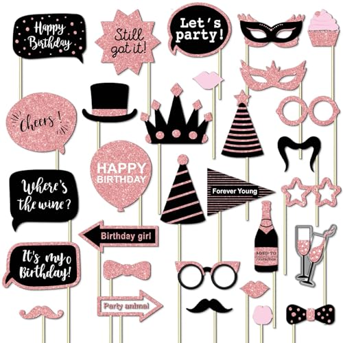 30 PCS Birthday Photo Booth Props Kit, Glitter Birthday Party Photo Props Set, Easy to Assemble Selfie Party Supplies for Women & Girls, Cute Photography Props for Parties - color: 30pcs Photo Booth Props Kit-a