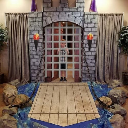 Frienda 105 Pcs Medieval Party Decorations Kit 5.9x6.6 ft Medieval Castle Backdrop Prison Fence Door Cover Fence Rug with 2 Torch Props 100 Paper Chain Brick Stone Fort for Knight Castle Photo Props - style: Medieval