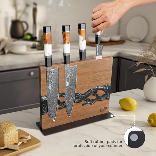 FINDKING Magnetic Knife Block, Double-Sided Knife Holder with Strong Magnets, Acacia Wood and Black White Resin, Countertop Kitchen Knife Storage Stand (12 × 10 Inches, Without Knives) - color: Black White