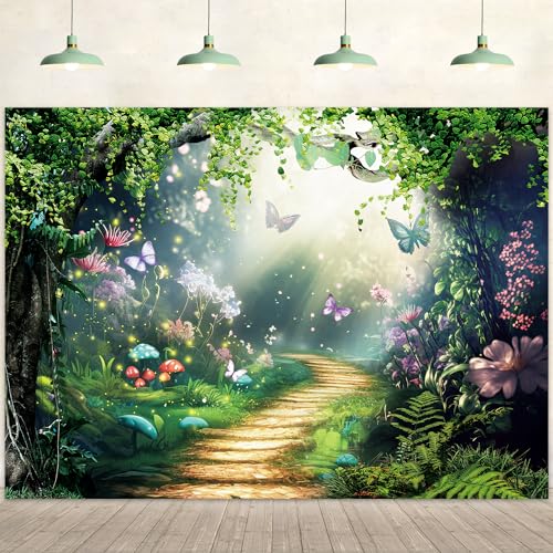 Fairy Tale Backdrop 7Wx5H Feet Enchanted Woodland Green Spring Butterfly Flower Yellow Brick Road Polyester Fabric Princess Magic Photography Backgrounds Photo Shoot Decor Props Decoration - color: A-Fairy01, size: 7Wx5H