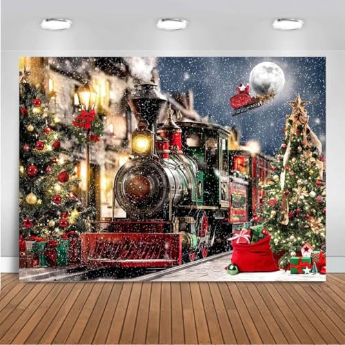 Mocsicka Christmas Train Backdrop Winter Town Snow Railway Xmas Tree Photography Background Winter Xmas Eve New Year Family Party Decor Photo Booth Studio Props (8x6ft (96x72 inch)) - size: 8x6ft (96x72 inch)