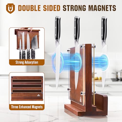 ENOKING Magnetic Knife Block with Acrylic Shield 12 x 9 Inches, Double Side Kitchen Knife Holder without Knives- Acacia Wood Universal Knife Storage Organizer with Powerful Magnet for Kitchen Counter - size: 12*9 inches